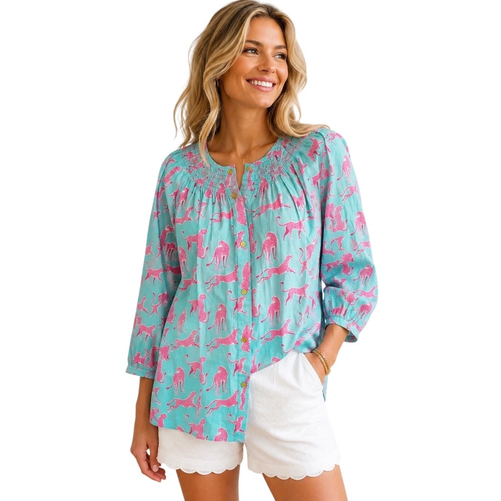 Liza Byrd Cotton Blue Pink Cheetah Leopard Print Peasant Blouse Top XL